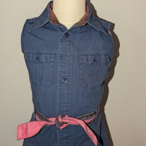 Tooby Doo Navy Collared Button Down Up Front Knee Length Tie Belt Twill Dress - Picture 3 of 3
